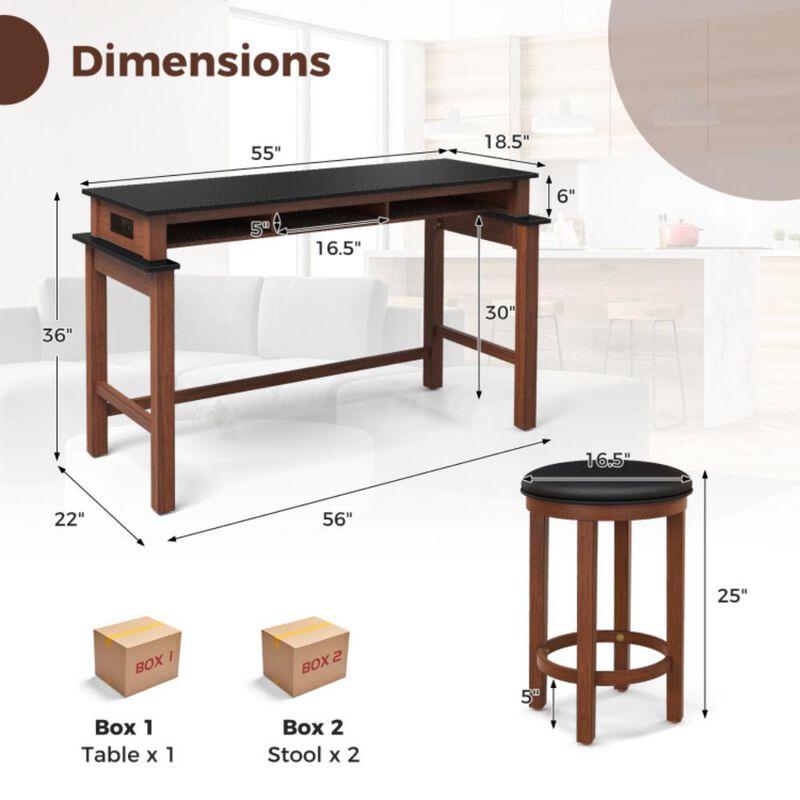 Hivvago 3-Piece Home Bar Set with 2 Upholstered Bar Stools, Outlets and USB Ports