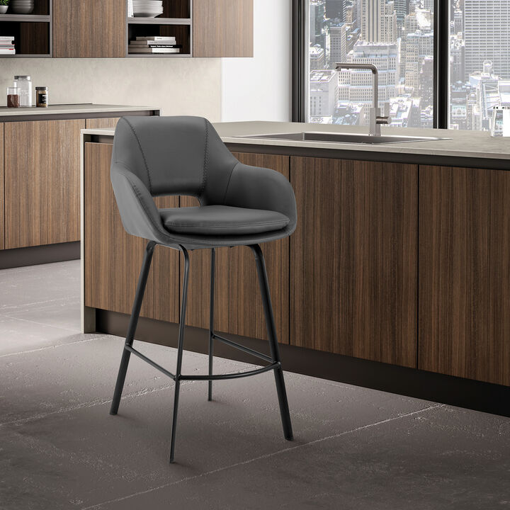 Aura Gray Faux Leather and Black Metal Swivel Bar Stool