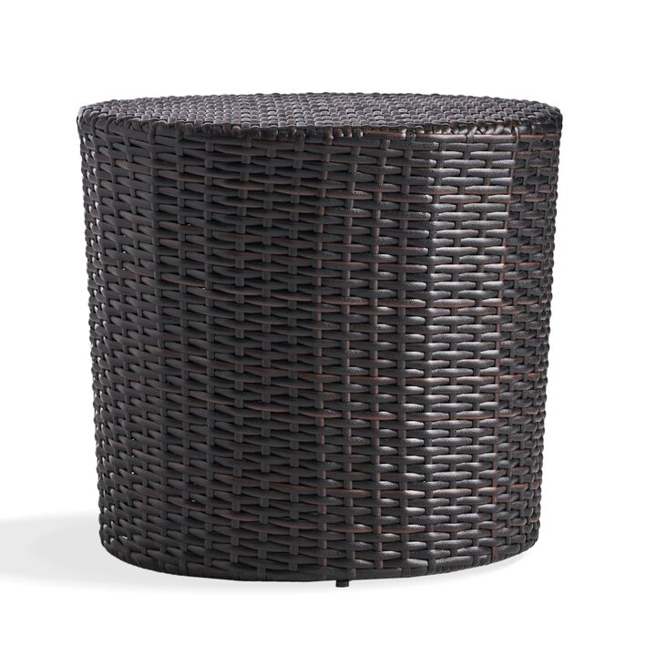 Olum Outdoor End Table, Barrel Shaped Wicker, 18 Inch Brown PE Rattan - Benzara