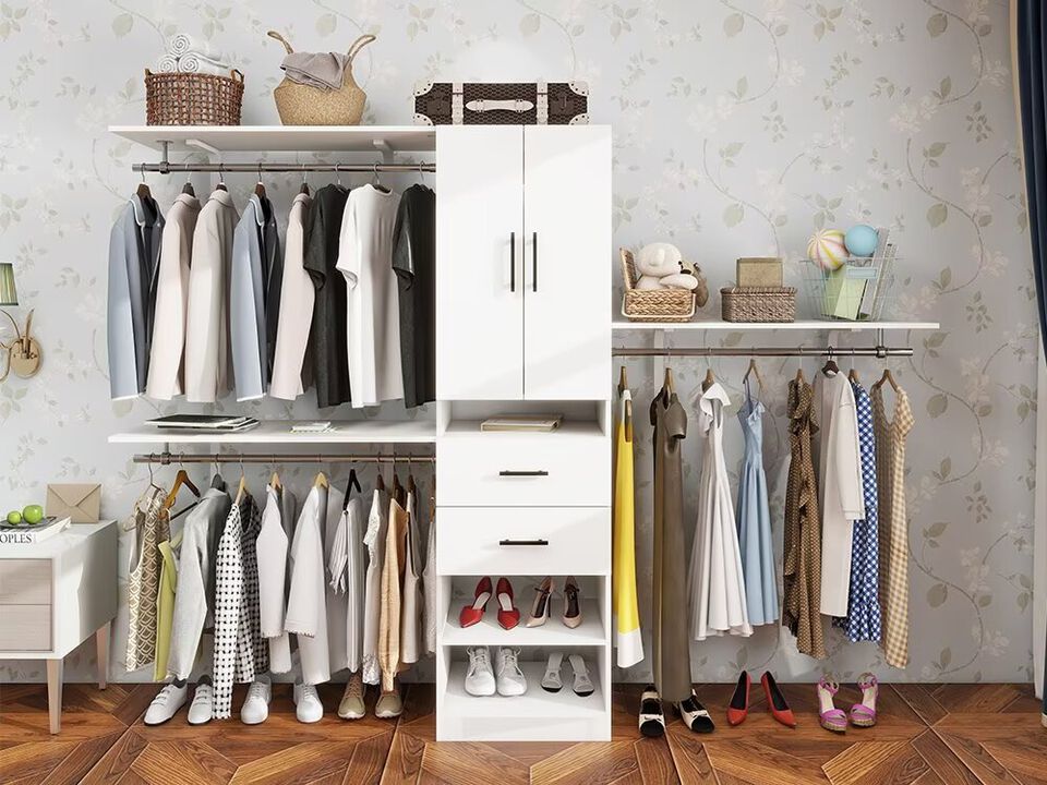 8ft Closet Organizers, Closet Storage system with 3 Shelf Towers, 2 Drawers, 2 Door White Free Standing Closet and Built in Closet Organizer Systems 95.6''Wx15.7''Dx70.8''H