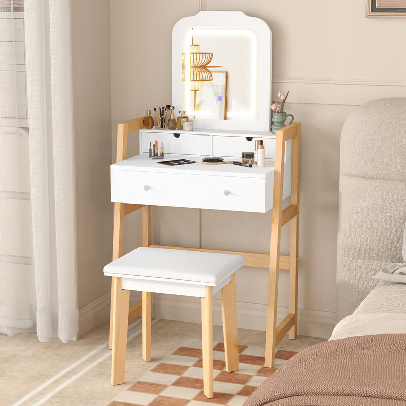 Adjustable Height Vanity Desk Set with 3-Color LED Lighted Mirror and Drawers