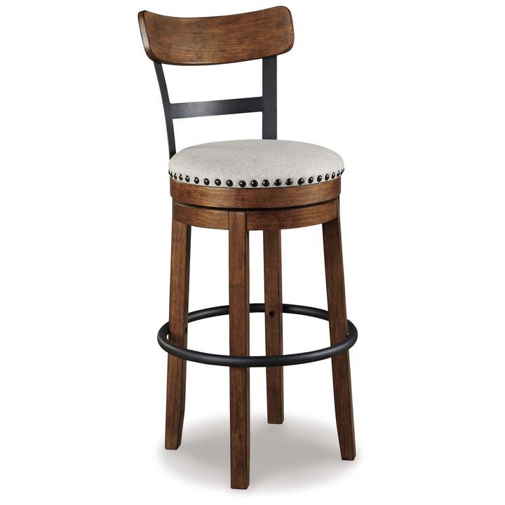 Zane 30 Inch Swivel Barstool, Round Cushioned Seat, Rich Brown Wood Frame-Benzara