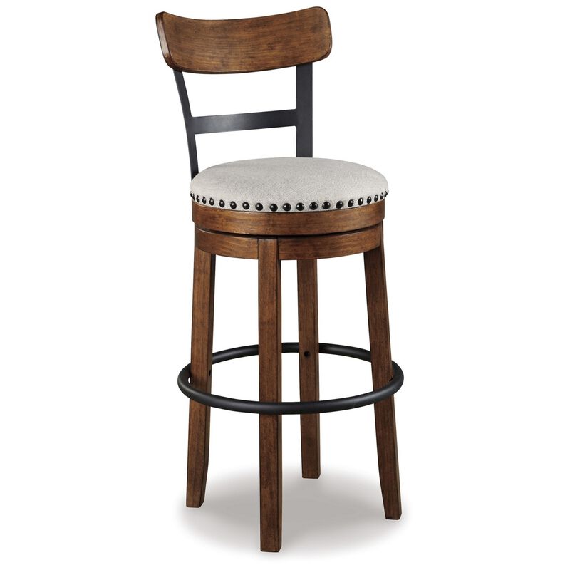 Zane 30 Inch Swivel Barstool, Round Cushioned Seat, Rich Brown Wood Frame-Benzara