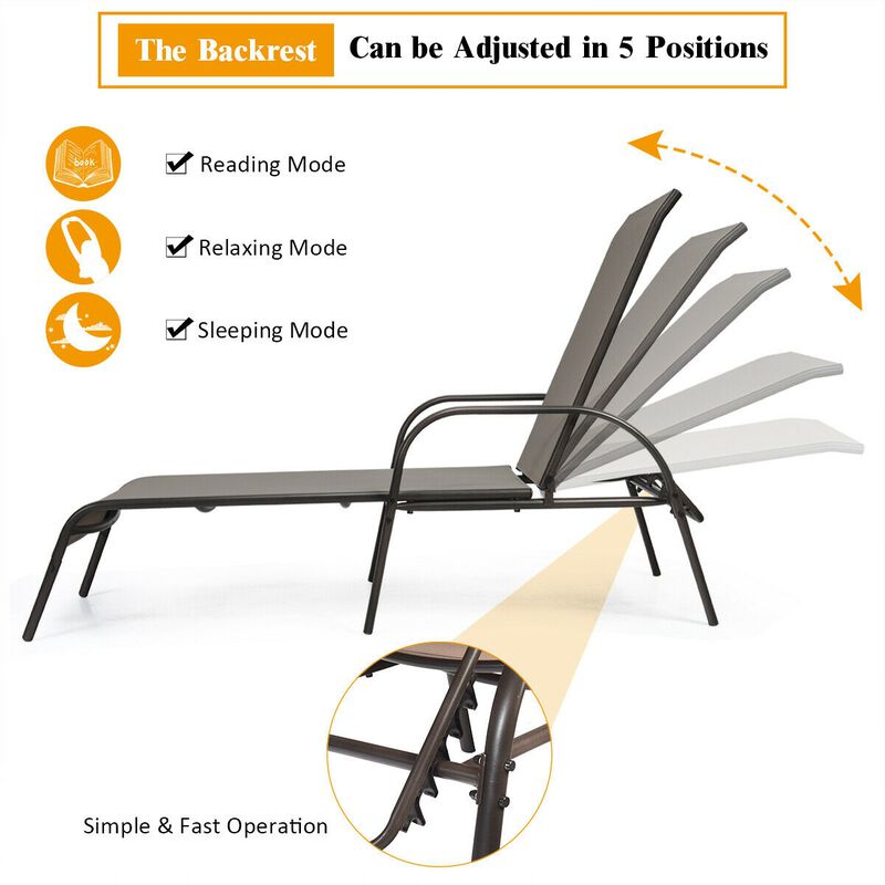 2 Pcs Outdoor Patio Lounge Chair Chaise Fabric with Adjustable Reclining Armrest