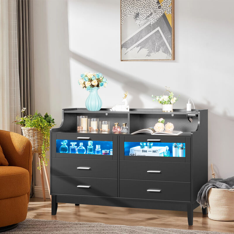 Wood Tempered Glass Drawer Dresser with LED Light Strips & Charging Station & USB Ports Bed Table