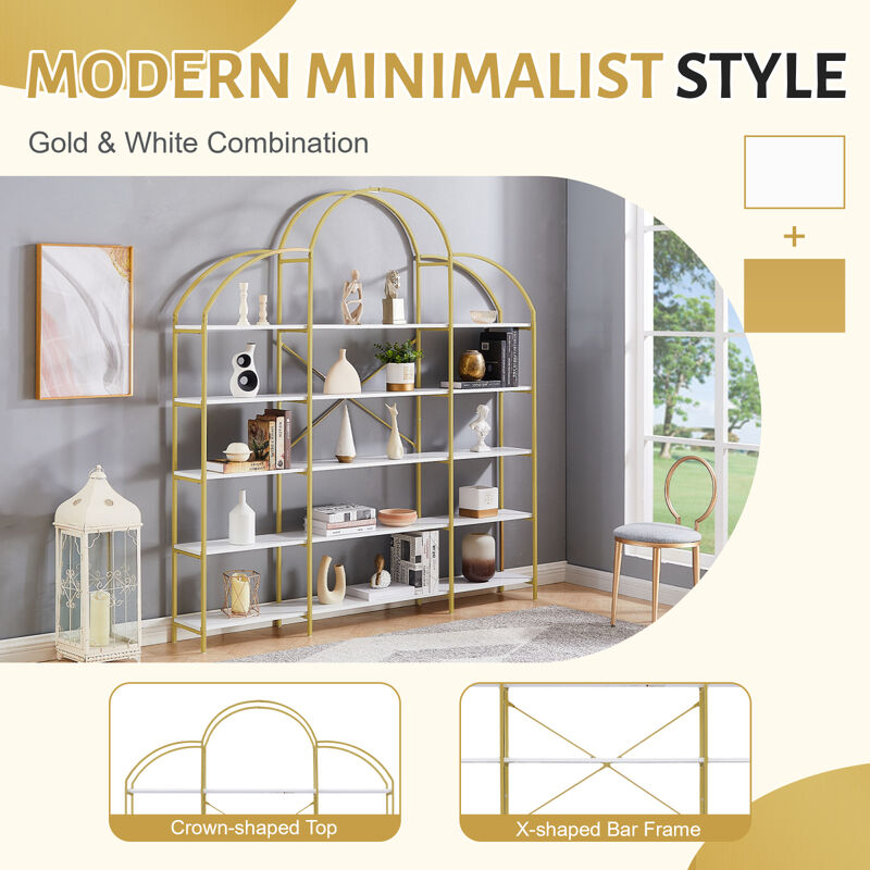 74.8 Inch 5 Tiers Office Bookcase Bookshelf, Display Shelf With Round Top, X Bar Frame
