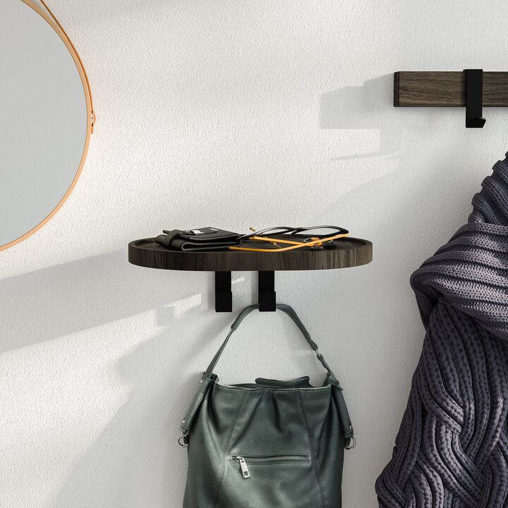 Wall-Mounted Modern Hardwood Coat Rack with a Shelf and Two Metal Hooks Black
