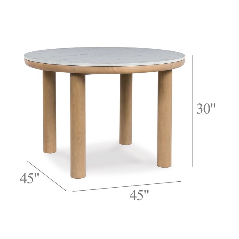 Awdyn Dining Table, 45 Inch Round White Marble Top, Brown Wood Legs - Benzara