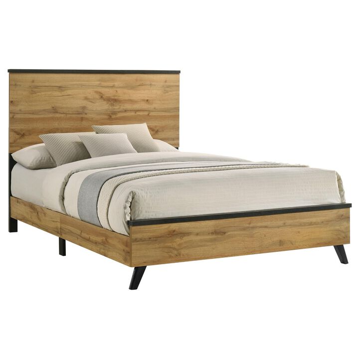 Wemy Queen Size Bed, Tall Panel Headboard, Natural Brown Pine Finish - Benzara