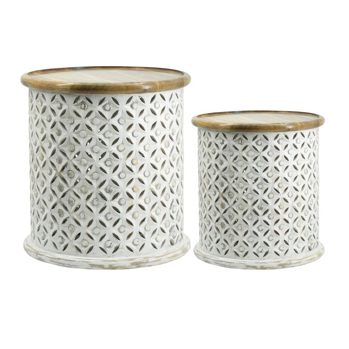 18, 16 Inch Accent Tables, Round, Mango Wood, Floral Cut Out, Brown, White - Benzara