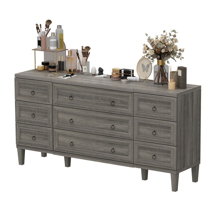 FUFU&GAGA Modern 9-Drawer Dresser, Wood Grain Storage Cabinet, Spacious Chest for Bedroom, Living Room, Hallway (63.4" W x 31.5" H x 15.4" D)