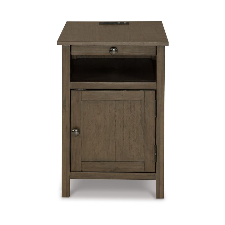 Gena Side End Table, Shelf and Pull Out Tray, Gray Brown Wood 24 Inch - Benzara