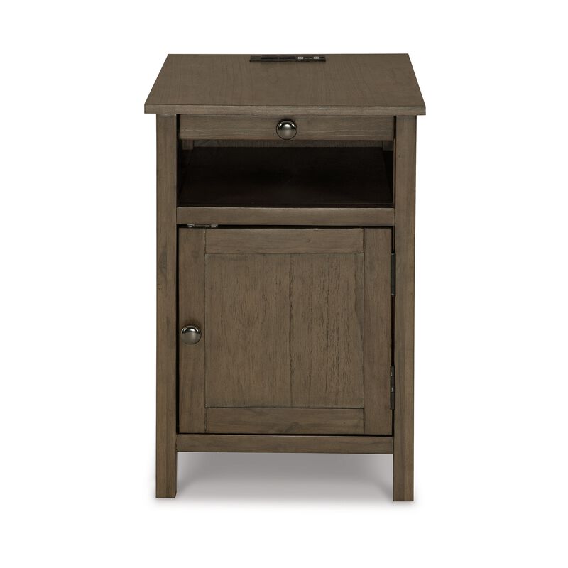 Gena Side End Table, Shelf and Pull Out Tray, Gray Brown Wood 24 Inch - Benzara