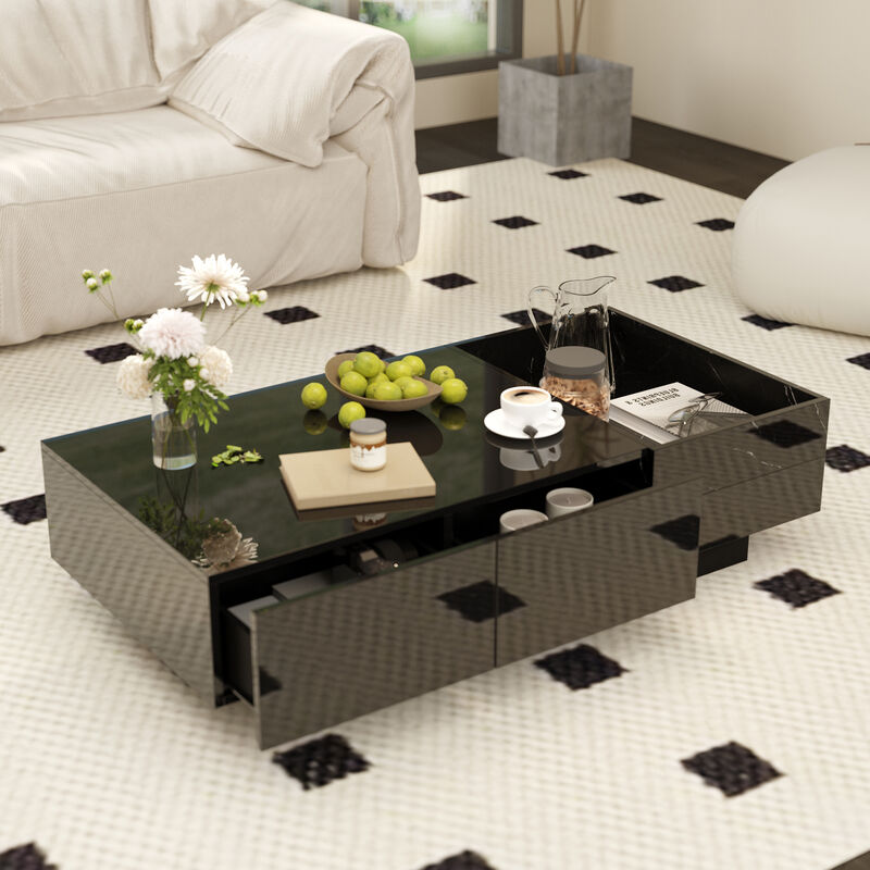 FUFU&GAGA Modern High-Gloss Black Coffee Table with Marble Texture, 2 Drawers & 3 Open Shelves (47.2" W x 23.6" D x 11.6" H), Black