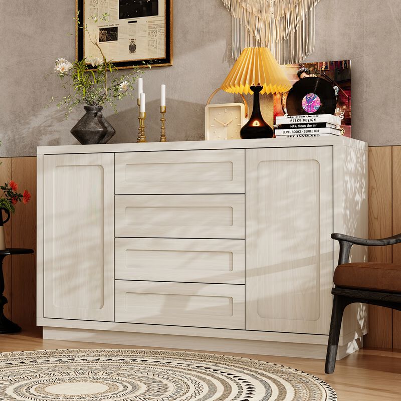 FUFU&GAGA Natural Wood Storage Cabinet with 4 Drawers and 2 Doors, MDF & Rubberwood Construction (55.1" W x 33.9" H x 15.7" D), Grey