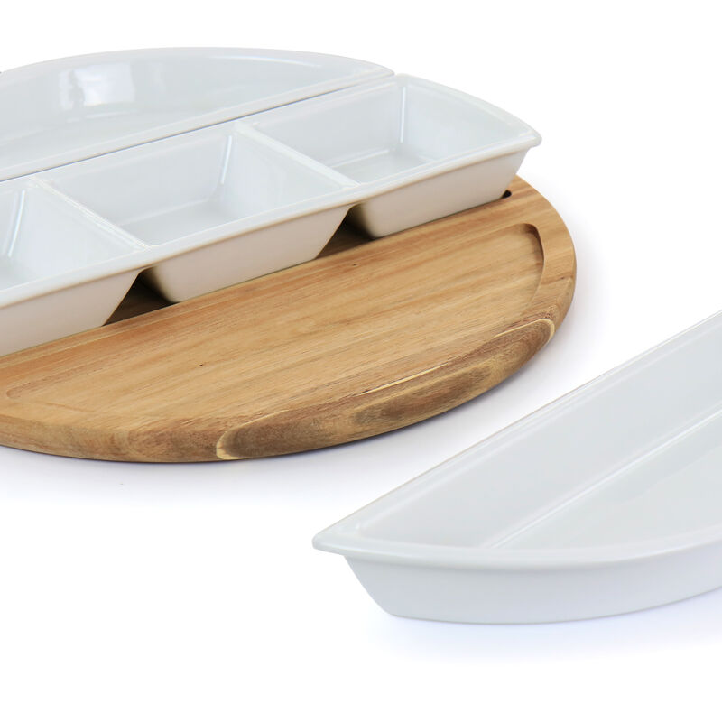 Gibson Elite Gracious Dining 4 Piece Fine Ceramic Sectional Tray Set with Acacia Wood Base
