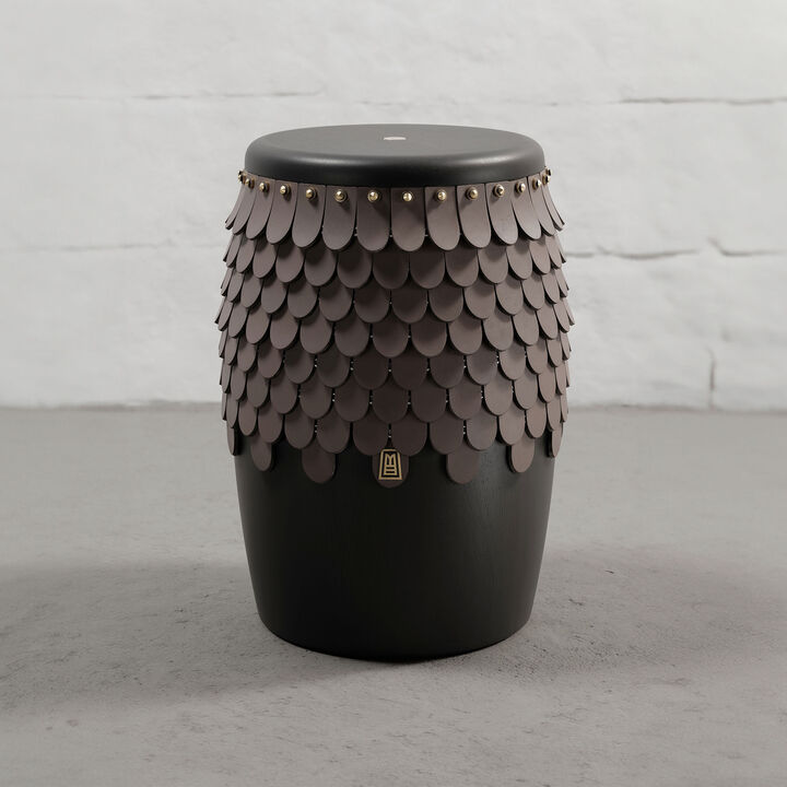 SITIERA_01 Solid Wood Stool, with Brown Thick Leather Accents, and Aged Bronze by ANDEAN, In Stock