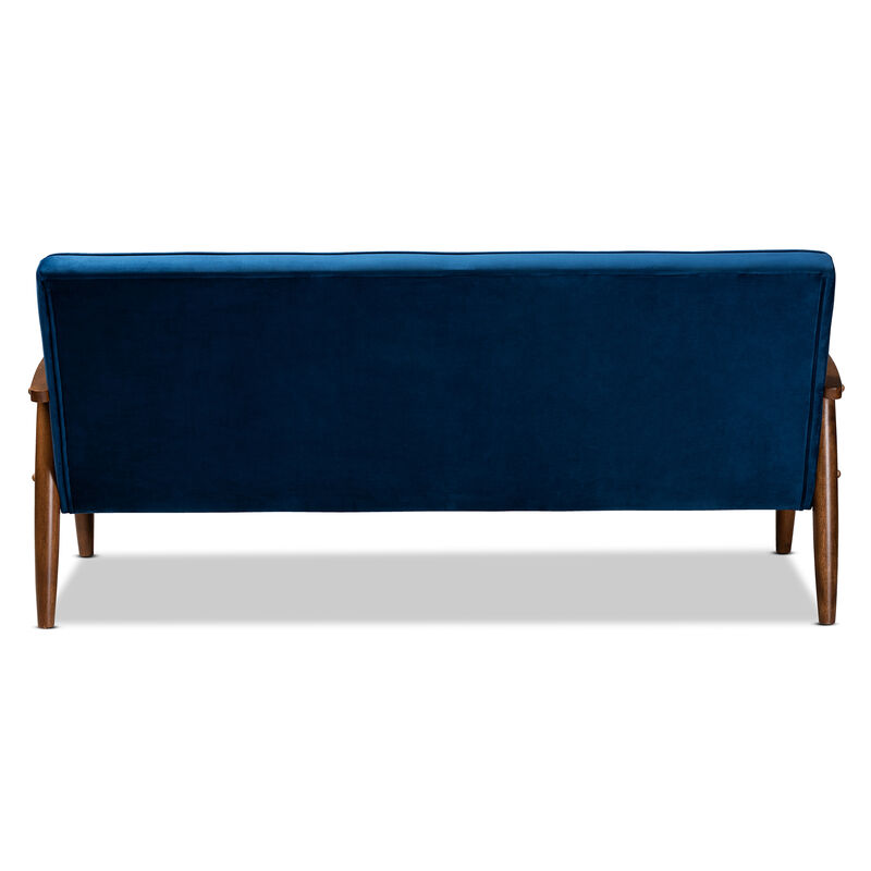 Baxton Studio Sorrento Navy Velvet Fabric Upholstered Walnut Finished Wooden 3 seater Sofa