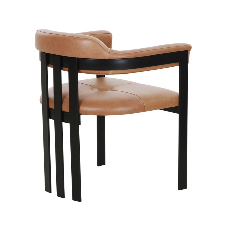 Anta Dining Chair, Black Iron Slatted Back, Plush Brown Genuine Leather - Benzara