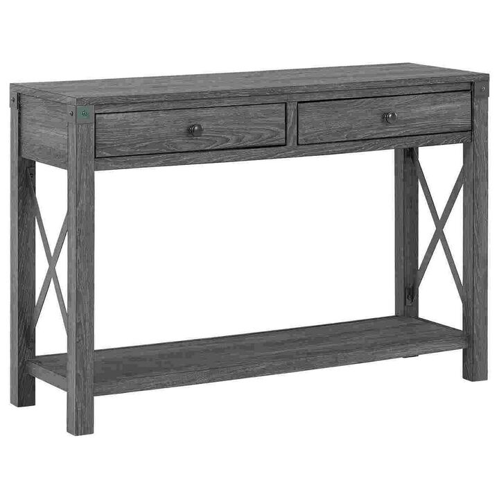 Sofa Table with X Metal Accent and 2 Drawers, Gray-Benzara