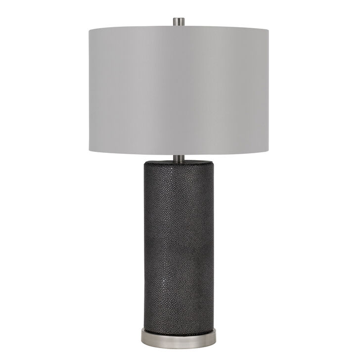 27 Inch Ceramic Table Lamp, Faux Leather Wrapped, Dimmer, Gray-Benzara