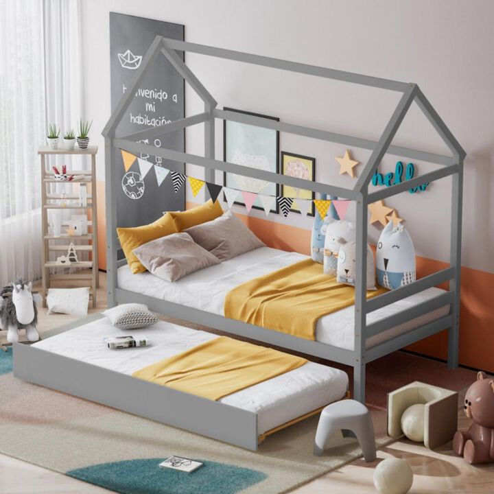 Hivvago Kids Platform Bed Frame with Roof for Bedroom