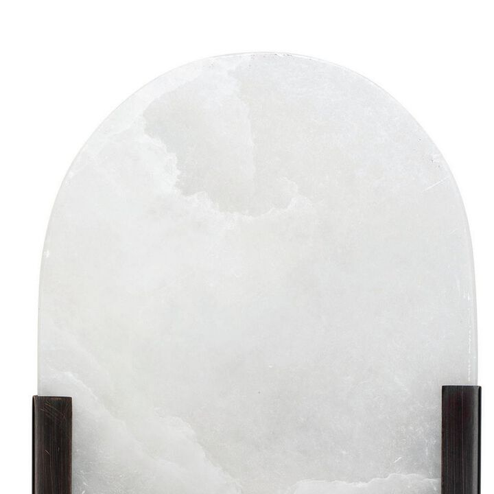 Ela 13 Inch Wall Sconce, Oblong Alabaster Shade, Sturdy Black Steel Plate-Benzara
