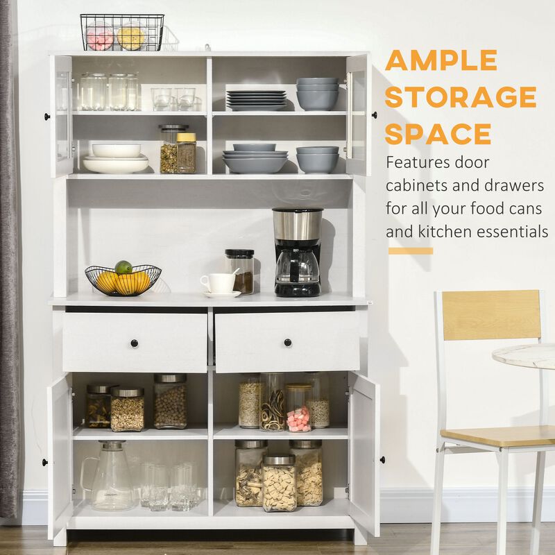 Antique White Kitchen Hutch: 63.5" Cabinet with Glass Doors & Microwave Space