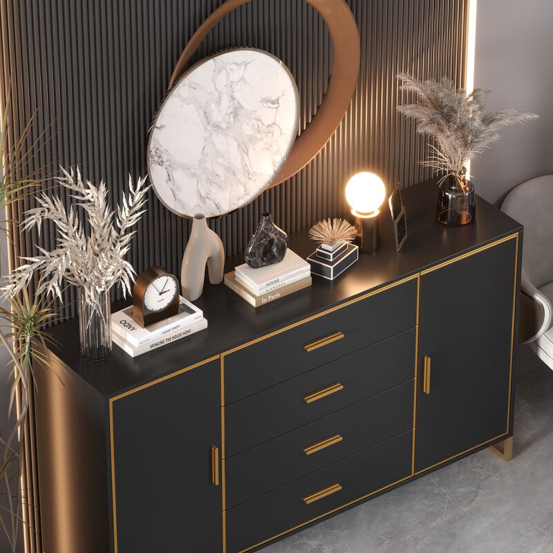 FUFU&GAGA Modern 4-Drawer Storage Cabinet with Gold Accents, Adjustable Shelves, Black Finish (63" W x 36.6" H x 15.7" D),Black