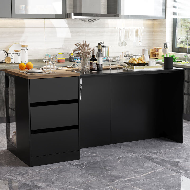 FUFU&GAGA Black Mdf Base with Mdf Top Kitchen Island (36.6-in x 77.6-in x 30.3-in),Black