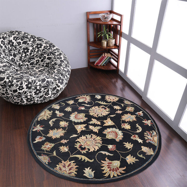 RUGSOTIC CARPETS HAND TUFTED WOOL ECO-FRIENDLY AREA RUGS  - 8'x8', Round Shape, Black, Classic Oriental Traditional  Design, High Pile Handmade Area Rugs for Living Room, Bed Room (K00653)