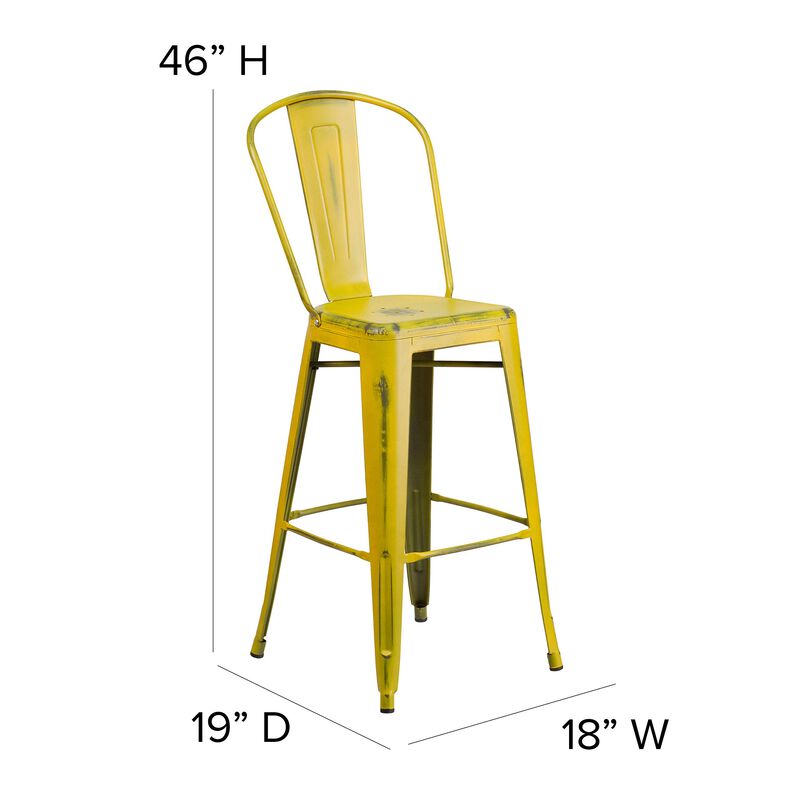 Flash Furniture Commercial Grade 30" High Distressed Yellow Metal Indoor-Outdoor Barstool with Back