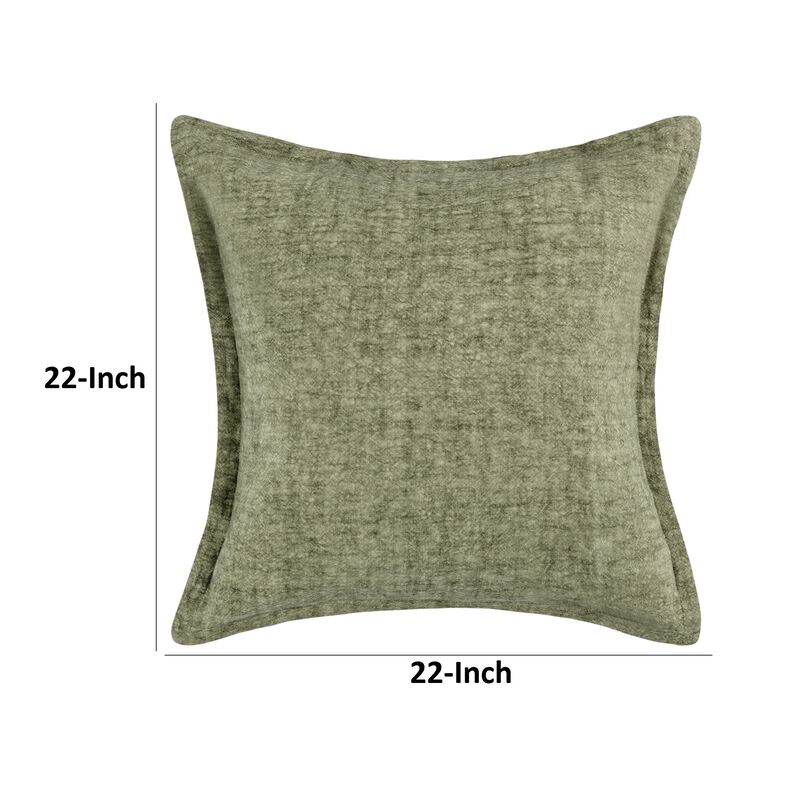 Pixie Throw Pillow, Self Flange, 22 Inch Green Cotton Linen Blend - Benzara