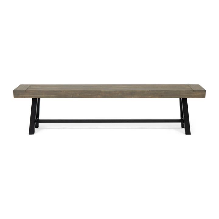 Leslee Outdoor Dining Bench, 74 Inch, Black Trestle Legs, Gray Wood - Benzara