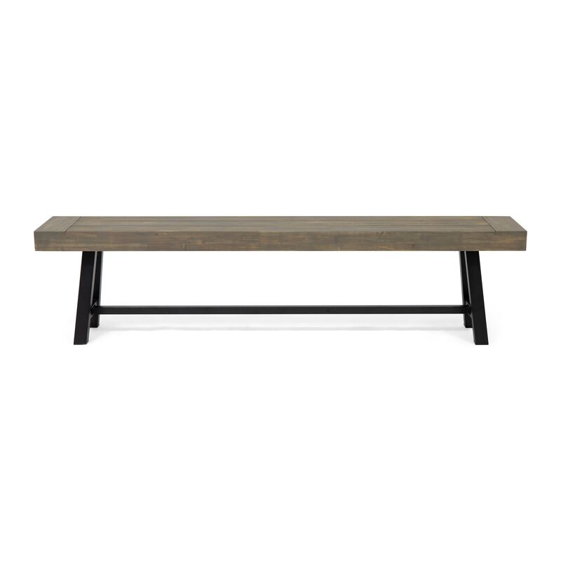 Leslee Outdoor Dining Bench, 74 Inch, Black Trestle Legs, Gray Wood - Benzara
