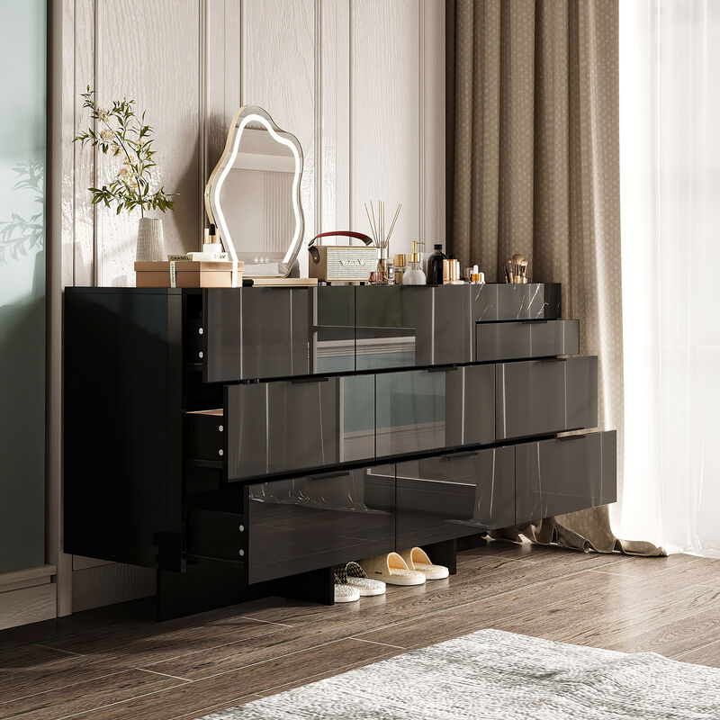 FUFU&GAGA Modern 9-Drawer Dresser with Marble-Texture Accent, High Gloss Black Finish, Spacious Storage Organizer for Bedroom & Living Room, (59" W x 30" H x 15.7" D),Black