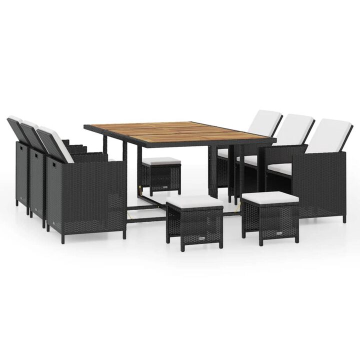 11pc Outdoor Dining Table Set, 10 Seater, Brown Acacia Wood n Rattan - Benzara