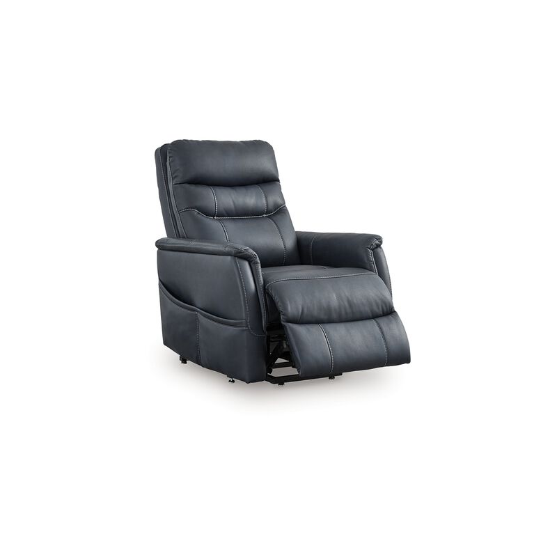 Barrett Power Lift Recliner Chair, Navy Blue Faux Leather, Pillow Back - Benzara