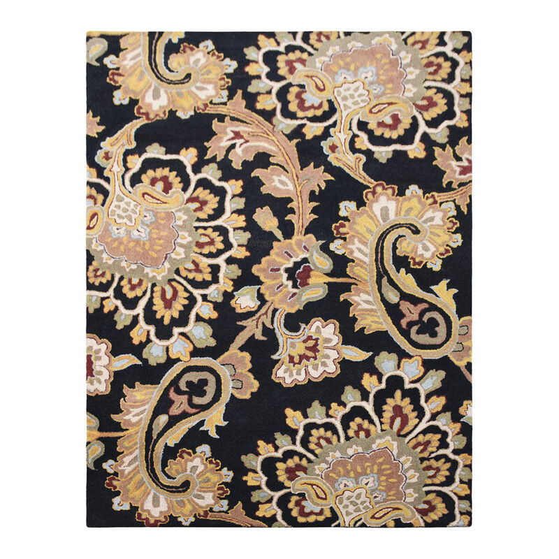 RUGSOTIC CARPETS HAND TUFTED WOOL ECO-FRIENDLY AREA RUGS  - 8'x11', Rectangle Shape, Black, Floral Modern Design, High Pile Thick Handmade Anti Skid Area Rugs for Living Room, Bed Room (K00151)
