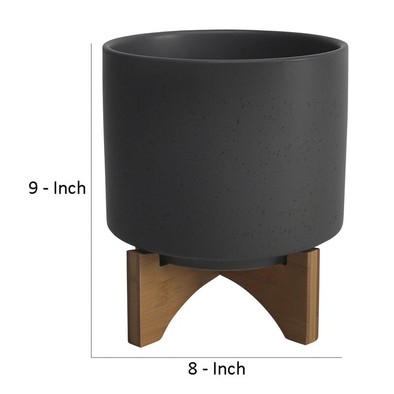 Planter with Textured Ceramic and Wooden Stand, Large, Gray-Benzara