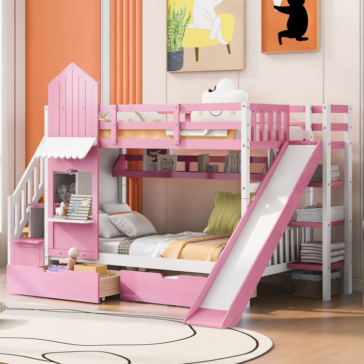 Twin Over Twin Castle Style Bunk Bed With 2 Drawers 3 Shelves And Slide Pink