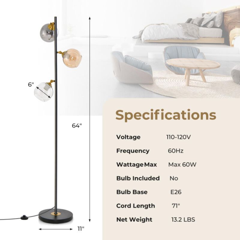 Hivvago Mid Century Floor Lamp with 3 Glass Globe Lampshades and Weighted Base
