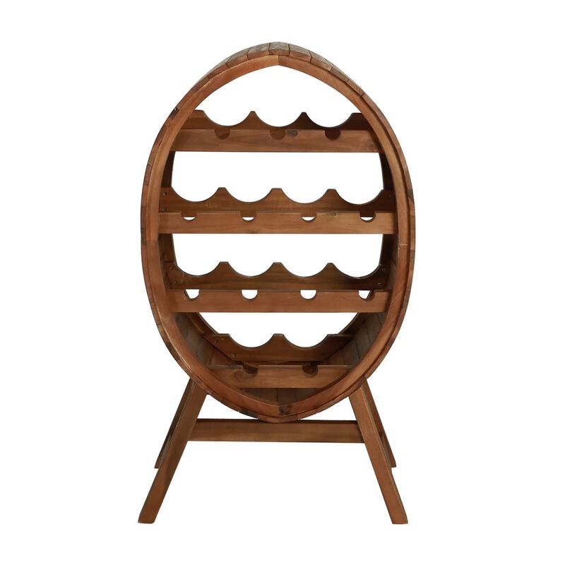 Oval Wine Rack, 13 Bottles, 35 Inch Tall Brown Solid Acacia Wood Frame - Benzara