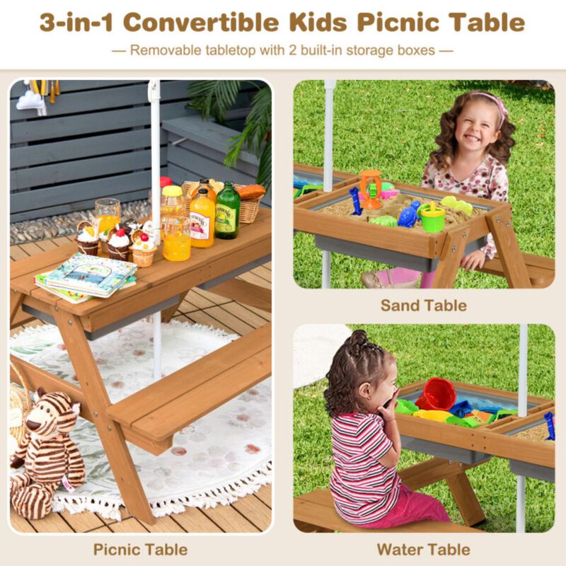 Hivvago 3-in-1 Kids Outdoor Picnic Water Sand Table with Umbrella Play Boxes - Yellow