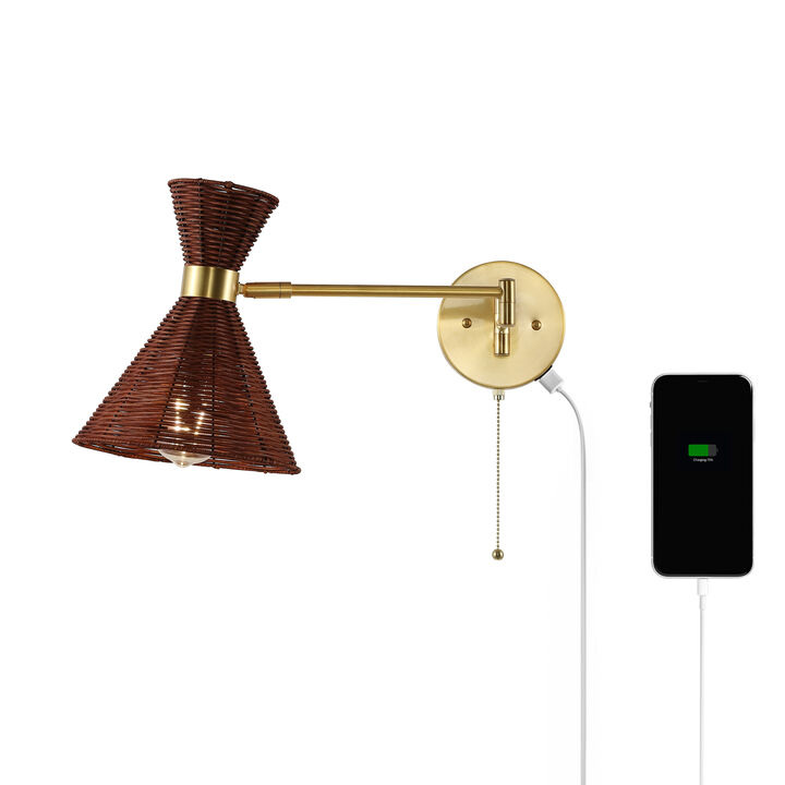 Lily 25" 1-Light Mid-Century Vintage Retro Rattan/Metal USB Charging Swing Arm LED Sconce with Pull Chain, Light Brown/Brass Gold