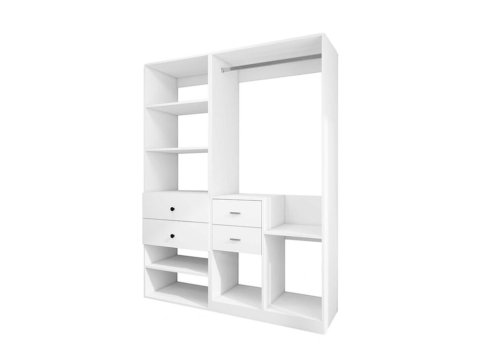 Closet Shelving System with 4 Drawers, Modern Built in Closet with Hanging Rod