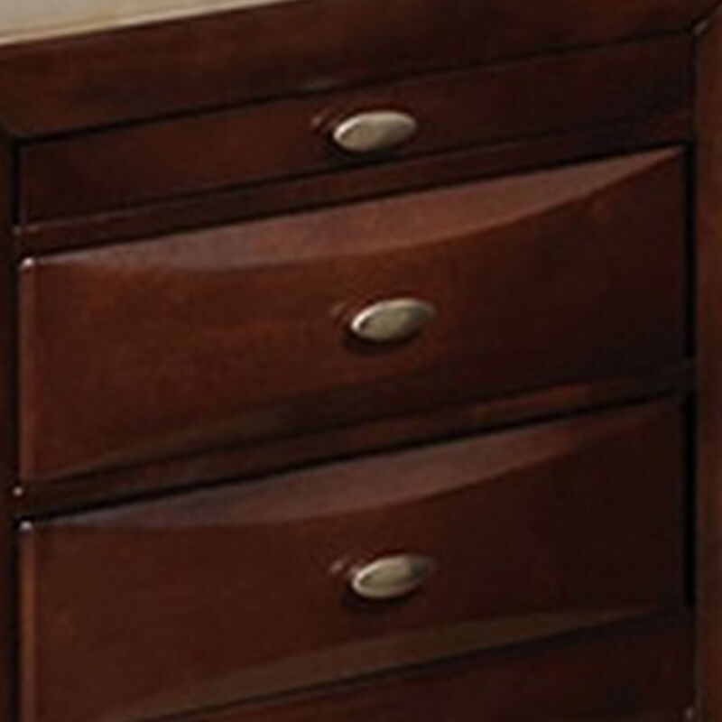 Simo Nightstand, Spacious Top, Nickel, 3 Drawers, Cherry Brown Solid Wood