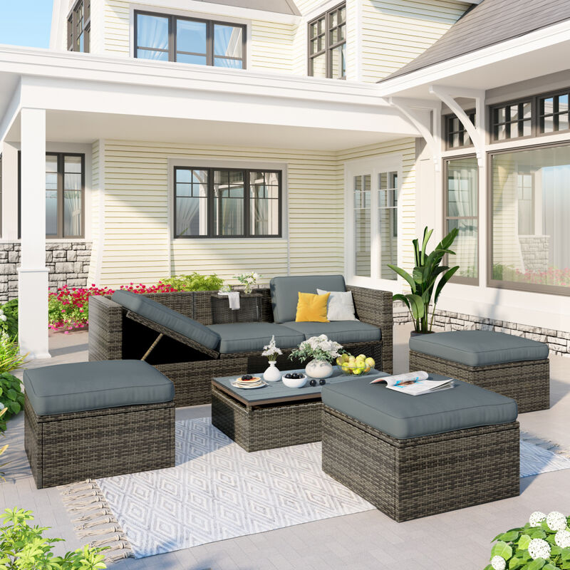 Patio Furniture Sets, 5-Piece Patio Wicker Sofa With Adjustable Backrest, Cushions, Ottomans
