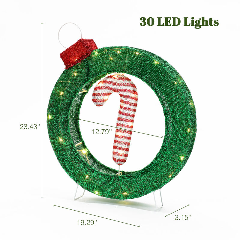 LuxenHome 1.9Ft Tall Ornament and Candy Cane Wreath Outdoor Holiday Decoration with Lights