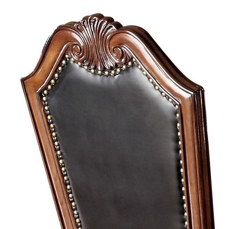 Loki 28 Inch Dining Chair, Nailhead Trim, Faux Leather, Set of 2, Brown-Benzara